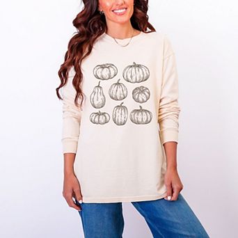 Sketched Pumpkin Collage - Women's Garment Dyed Long Sleeve Graphic T-Shirt