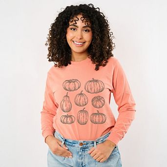 Sketched Pumpkin Collage - Women's Garment Dyed Long Sleeve Graphic T-Shirt