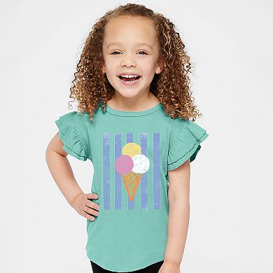 Ice Cream Cone Stripes - Girl's Flutter Sleeve Graphic T-Shirt