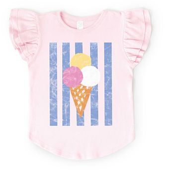 Ice Cream Cone Stripes - Girl's Flutter Sleeve Graphic T-Shirt
