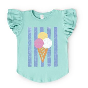 Ice Cream Cone Stripes - Girl's Flutter Sleeve Graphic T-Shirt