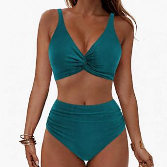 Women's 2 pc Vacation Bikini Set, Twist Front High Waist Ruched Swimwear