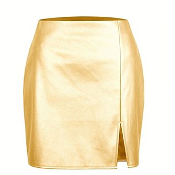 Women's Faux Leather Bodycon Mini Skirt High-Waisted Side Slit Zip-Up Skirt