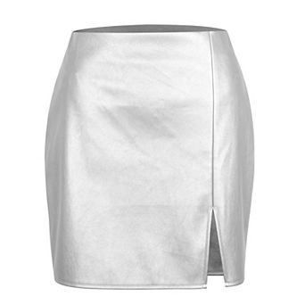 Women's Faux Leather Bodycon Mini Skirt High-Waisted Side Slit Zip-Up Skirt