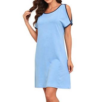 Womens Cold Shoulder Nightgown Short Sleeve Color Block Sleep Dress with Pockets