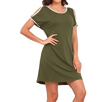 Womens Cold Shoulder Nightgown Short Sleeve Color Block Sleep Dress with Pockets