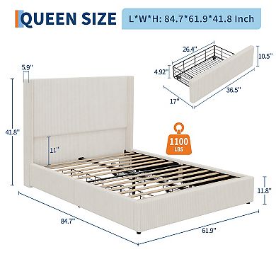 Upholstered Platform Bed Frame with Storage Drawers, No Box Spring Needed, Easy Assembly