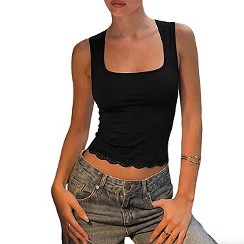 Women's Square Neck Sleeveless Tank Top Lace Trim Hem Fitted Cropped Camisole
