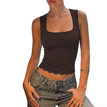 Women's Square Neck Sleeveless Tank Top Lace Trim Hem Fitted Cropped Camisole