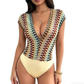 Women's V-Neck Short Sleeve Bodysuit, Halter Tie Back Knit Bodycon Top