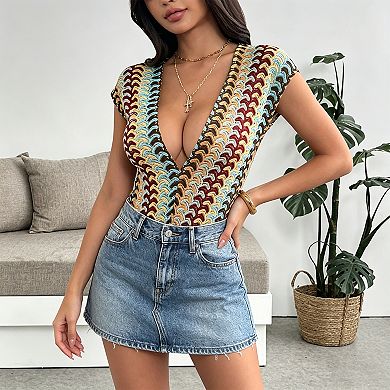 Women's V-Neck Short Sleeve Bodysuit, Halter Tie Back Knit Bodycon Top