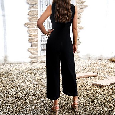 Women's Sleeveless Button-Front Wide Leg Jumpsuit with Pockets Casual Loose Fit Summer Romper