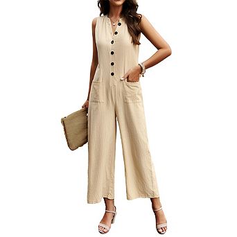 Women's Sleeveless Button-Front Wide Leg Jumpsuit with Pockets Casual Loose Fit Summer Romper