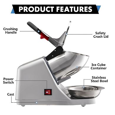 Electric 4 Blade Stainless Steel Ice Shaver Snow Cone Maker 300W Powerful Ice Crusher