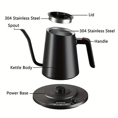 Precise Temperature Control Gooseneck Electric Kettle 0.9L Stainless Steel for Coffee Tea