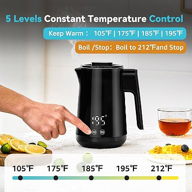 Electric Tea Kettle, Stainless Steel Double Wall Design with Temperature Control Function