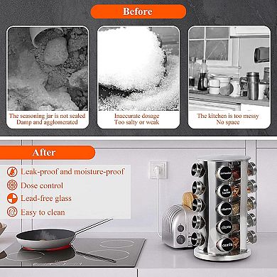 Revolving Spice Rack with 20 Jars, Stainless Steel Kitchen Countertop Organizer