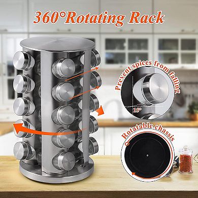 Revolving Spice Rack with 20 Jars, Stainless Steel Kitchen Countertop Organizer