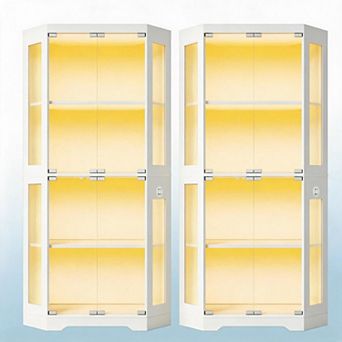 Set of 2 Hexagonal Corner Glass Display Cabinet 4 tier LED Lights, Smart Sensor & Charging Ports