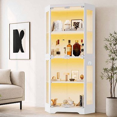 Set of 2 Hexagonal Corner Glass Display Cabinet 4-Tier LED Lights, Smart Sensor & Charging Ports