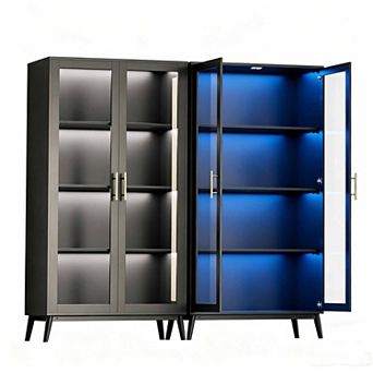 Set of 2 Glass Display Cabinet 4 tier Curio with LED Lights, Smart Sensor & USB Charging