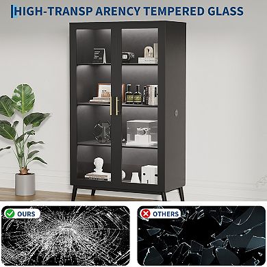 Set of 2 Glass Display Cabinet 4-Tier Curio with LED Lights, Smart Sensor & USB Charging