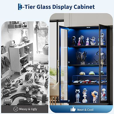 Set of 2 Glass Display Cabinet 4-Tier Curio with LED Lights, Smart Sensor & USB Charging