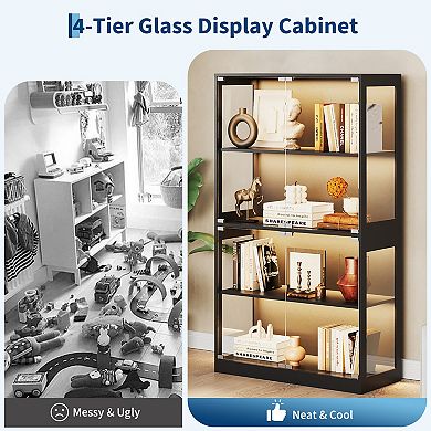 Set of 2 Glass Display Cabinet 4-Tier Curio with LED Lights, Smart Sensor & Charging Ports