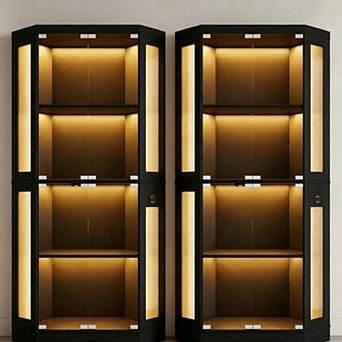 Set of 2 Hexagonal Corner Glass Display Cabinet 4 tier LED Lights, Smart Sensor & Charging Ports