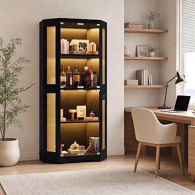 Set of 2 Hexagonal Corner Glass Display Cabinet 4-Tier LED Lights, Smart Sensor & Charging Ports