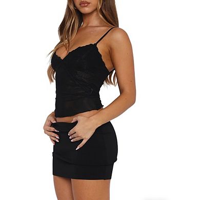 Women's Lace Trim Cami Top Spaghetti Strap V-Neck Mesh Camisole with Ruffled Hem