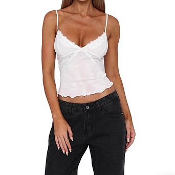 Women's Lace Trim Cami Top Spaghetti Strap V-Neck Mesh Camisole with Ruffled Hem