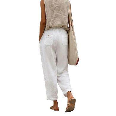 Women's Summer Linen Capri Pants Lightweight Beachwear Elastic Waist with Drawstring