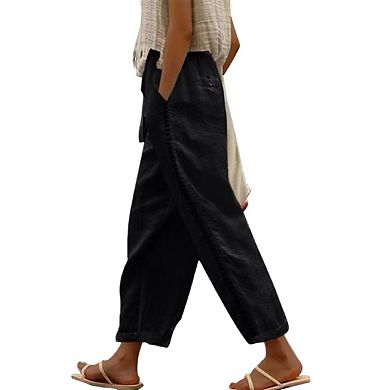 Women's Summer Linen Capri Pants Lightweight Beachwear Elastic Waist with Drawstring