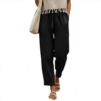 Women's Summer Linen Capri Pants Lightweight Beachwear Elastic Waist with Drawstring