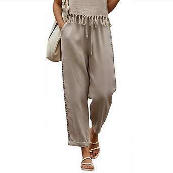 Women's Summer Linen Capri Pants Lightweight Beachwear Elastic Waist with Drawstring