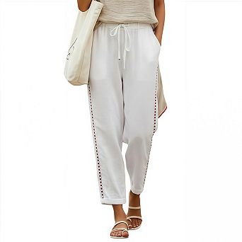 Women's Summer Linen Capri Pants Lightweight Beachwear Elastic Waist with Drawstring