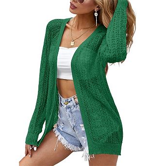 Women's Crochet Cardigan Summer Casual Lightweight Open Front Long Sleeve Knit Cover Up