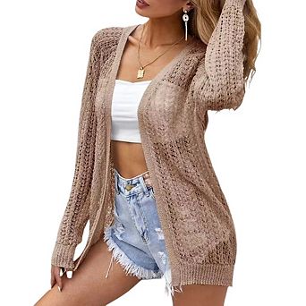 Women's Crochet Cardigan Summer Casual Lightweight Open Front Long Sleeve Knit Cover Up