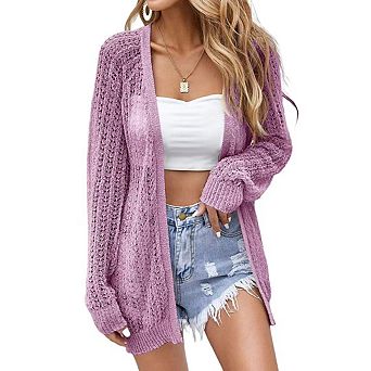 Women's Crochet Cardigan Summer Casual Lightweight Open Front Long Sleeve Knit Cover Up