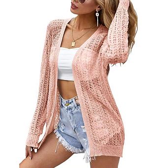 Women's Crochet Cardigan Summer Casual Lightweight Open Front Long Sleeve Knit Cover Up