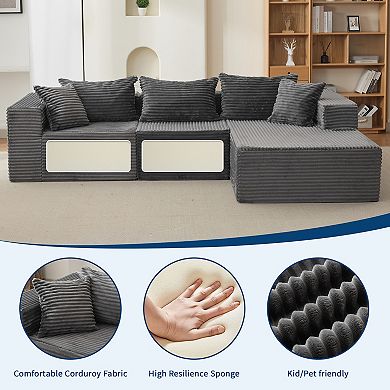 108" L Shaped Boneless Couch, Long-Pile Corduroy Cloud Sofa with Chaise, No-Assembly Modular Section