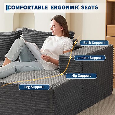 108" L Shaped Boneless Couch, Long-Pile Corduroy Cloud Sofa with Chaise, No-Assembly Modular Section