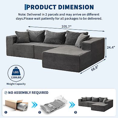 108" L Shaped Boneless Couch, Long-Pile Corduroy Cloud Sofa with Chaise, No-Assembly Modular Section