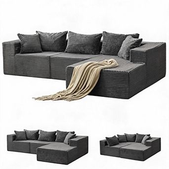 108" L Shaped Boneless Couch, Long-Pile Corduroy Cloud Sofa with Chaise, No-Assembly Modular Section
