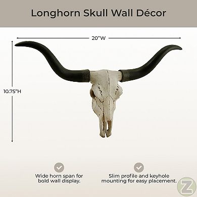 Black and Bone Decorative Longhorn Trophy Skull Wall Sculpture 20 Inch