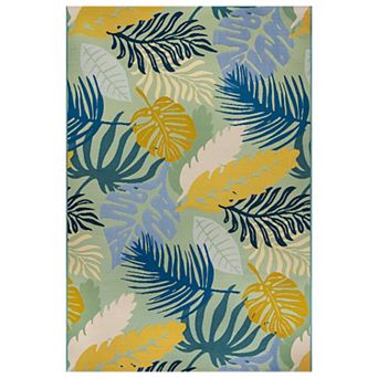 Coastal Tropical Leaf Indoor/Outdoor Patio Area Rug, Easy-Care Patio Rug