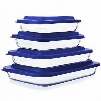 8 pc Deep Glass Baking Dish Set with Lids Rectangular
