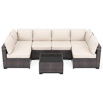 7 pc Garden Furniture Set: Outdoor Rattan Sofa Set (Includes Cushions and Coffee Table)