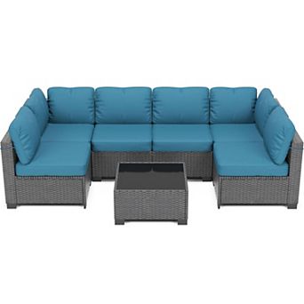 7 pc Garden Furniture Set: Outdoor Rattan Sofa Set (Includes Cushions and Coffee Table)